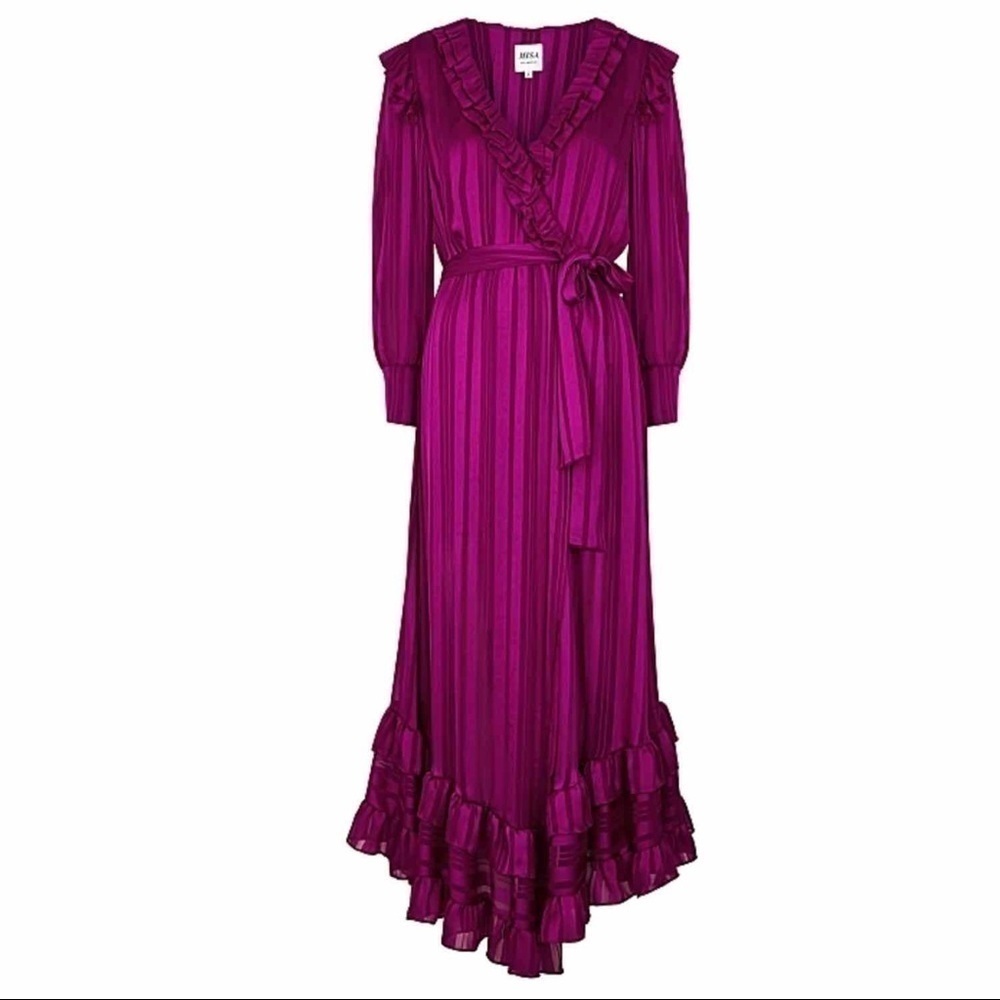 Misa  Gabriela Fuschia Striped Chiffon Midi Dress Size Small